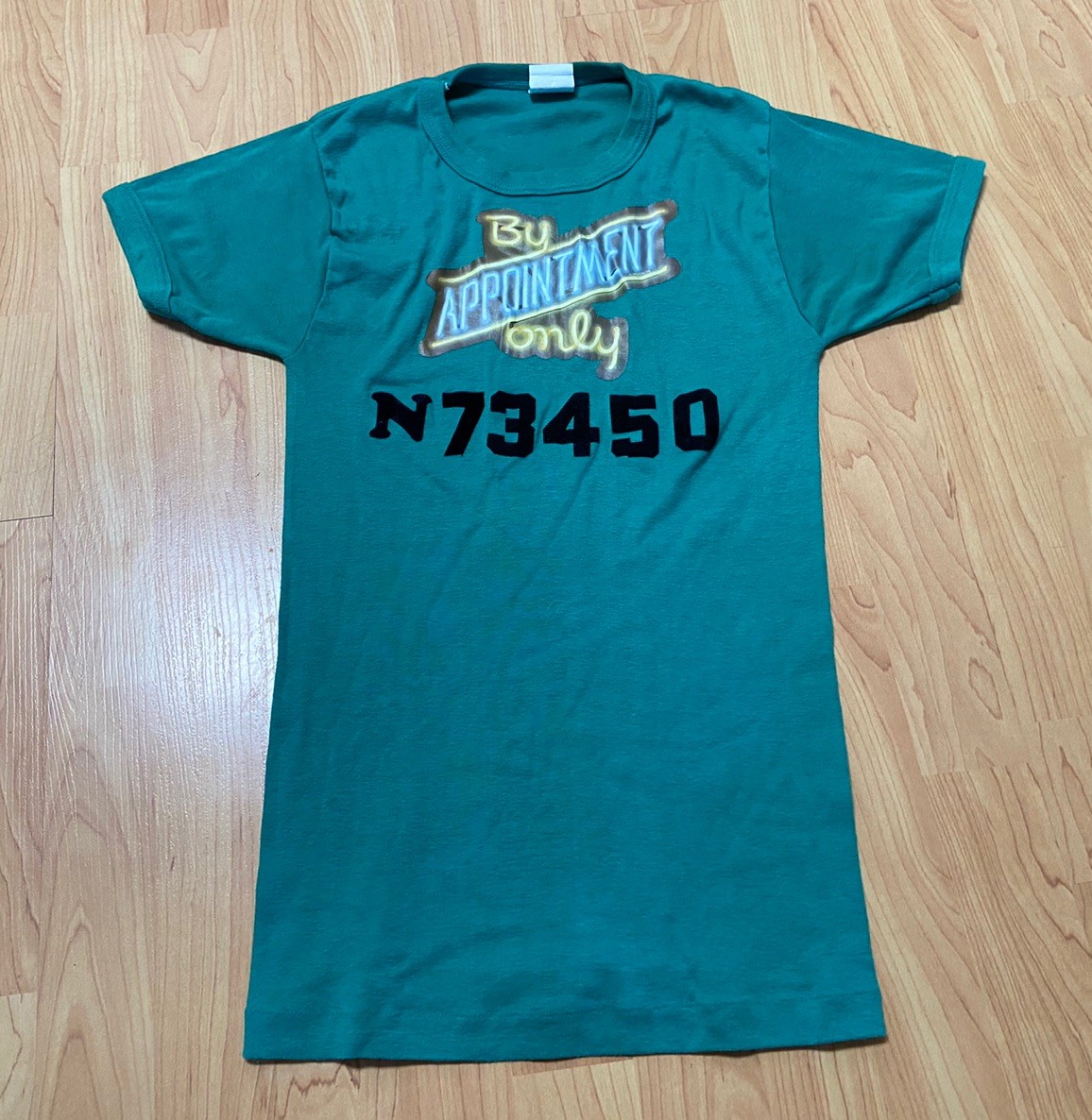VTG 70s Roach 76 By Appointment Only Iron On T Shirt Large Flocked Velvet Text