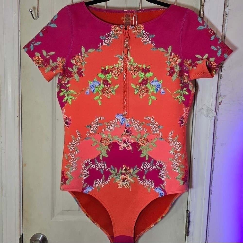 JOHNNY WAS Wave Surf Neoprene One Piece Swimsuit NEW Pink Orange Boho Floral XL