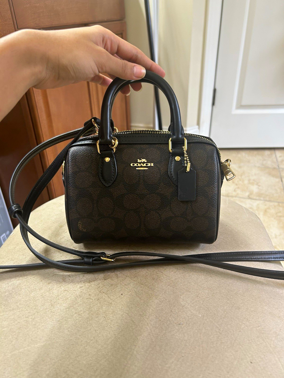 Coach Rowan Small Satchel Signature Canvas Brown/Black Leather Crossbody Gold