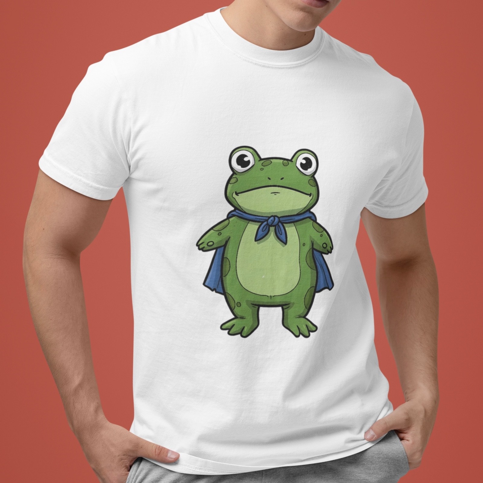 Cute Frog Hero T-Shirt Cartoon Frog with Cape Graphic Tee Funny Unisex Top Gift
