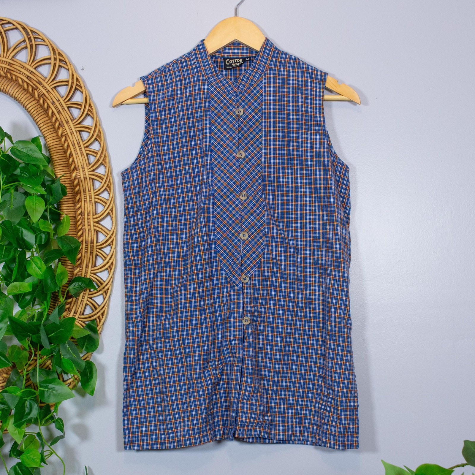 VTG Cotton World Plaid Sleeveless Tunic Mandarin Collar Boho Earthy Soft Autumn