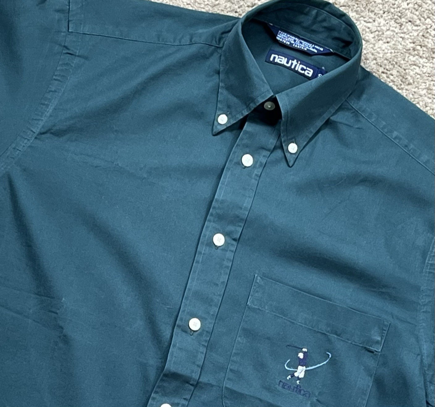 Vintage Nautica Golf Style 90s Button Up Collar Hunter Green Men’s Size Small