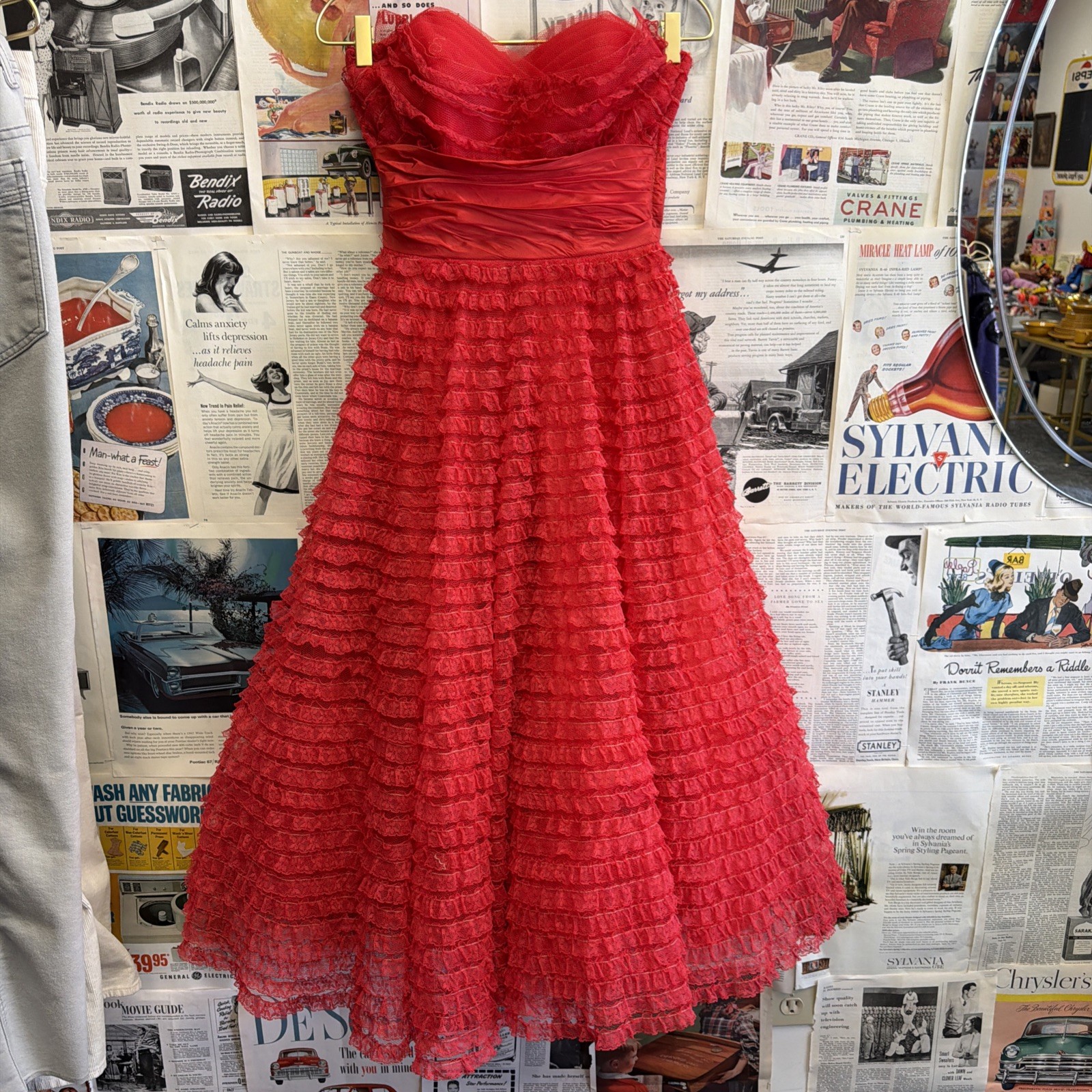 Vintage 1950’s Emma Domb Crimson Ruffled Tulle Cupcake Formal Gown