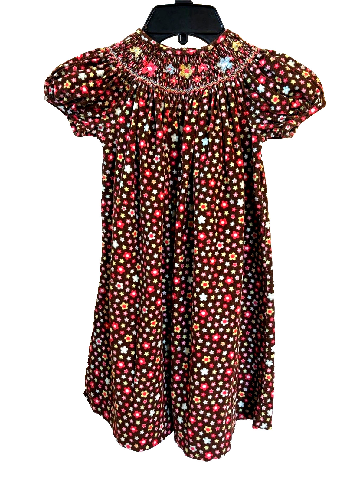 Amanda Remembered Girls 4T Smocked Corduroy Floral Bishop Dress Brown Daisy