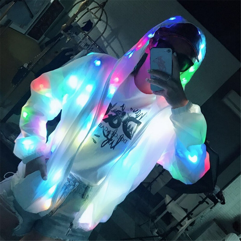 LED Light Up Luminous Coat Hooded DJ Jacket Women Men\'s Outwear Nightclub Party