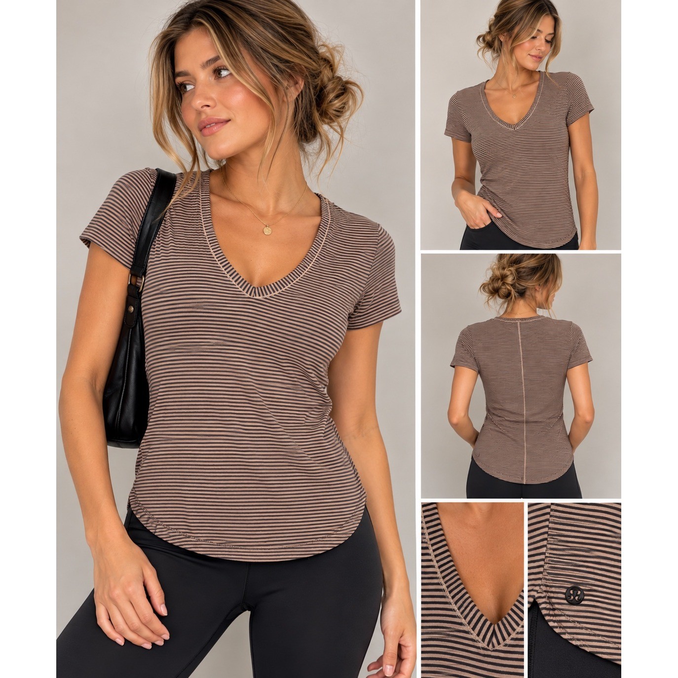 Lululemon Circadian Short Sleeve Tee Mini Pop Stripe Mink Berry Black V Neck