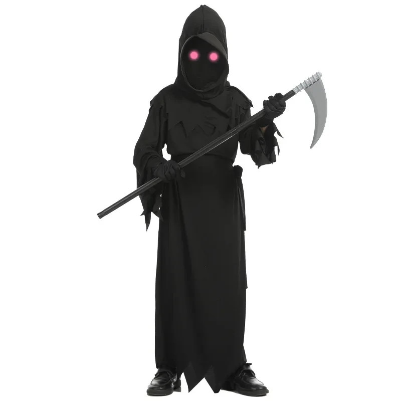 Kids Grim Reaper Halloween Costume Skeleton Robe Glowing Red Eyes Scary Cosplay