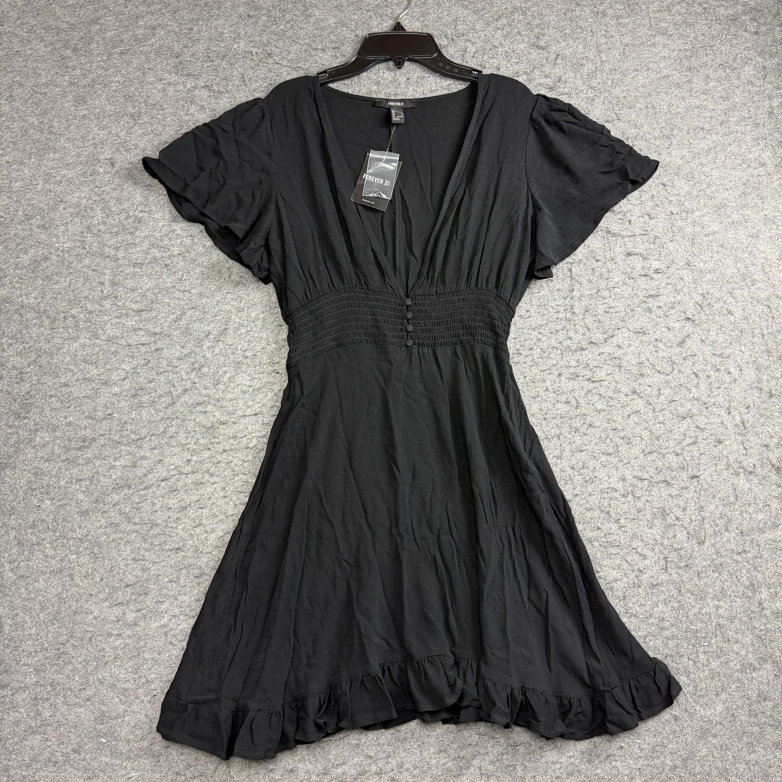 Forever 21 Fit Flare V Neck Dress Womens L Woven Ruffle Hem Flutter Sleeve Black