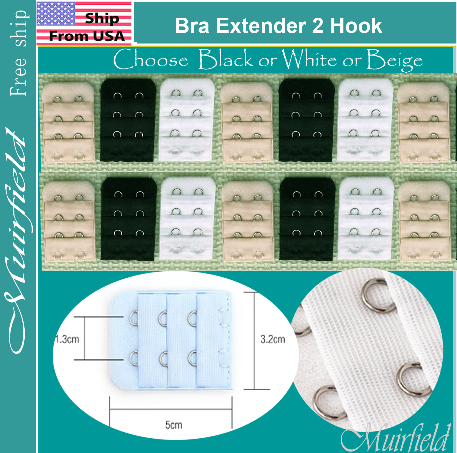 Bra Extender 2 Hook Extension Black or White or Beige -US SELLER