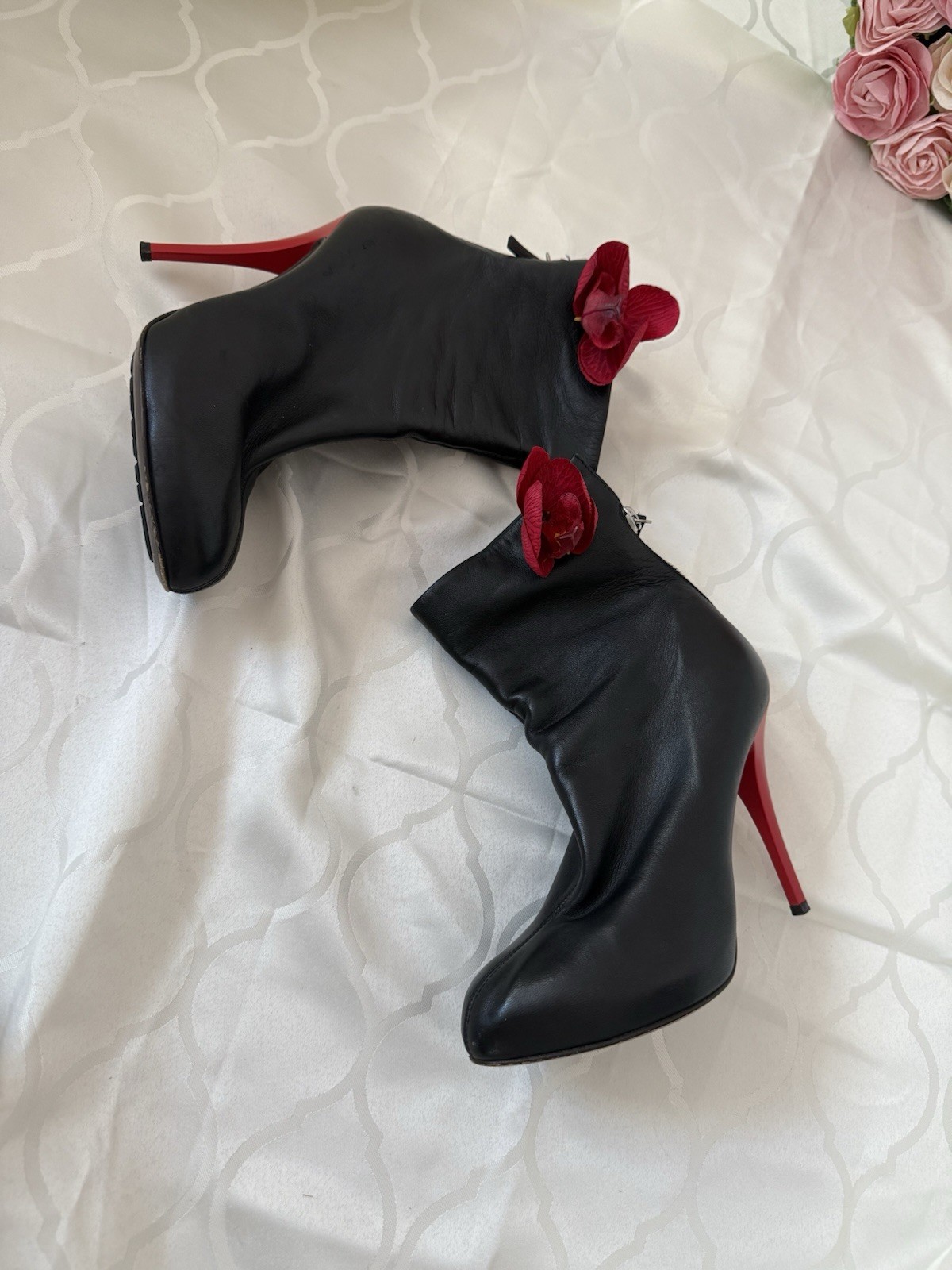 Orchid flowers Giuseppe Zanotti Leather boots Shoes 7.5 black red