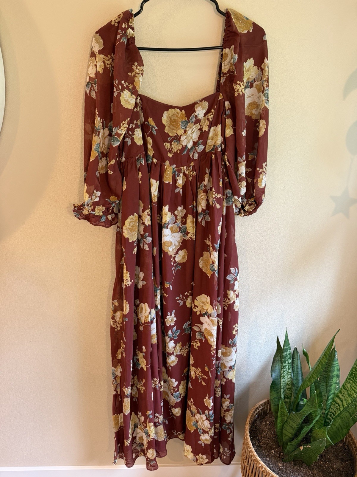Storia Burgundy Fall Floral Maxi Dress Square Neck Billow Ruffle Sleeve *NWOT