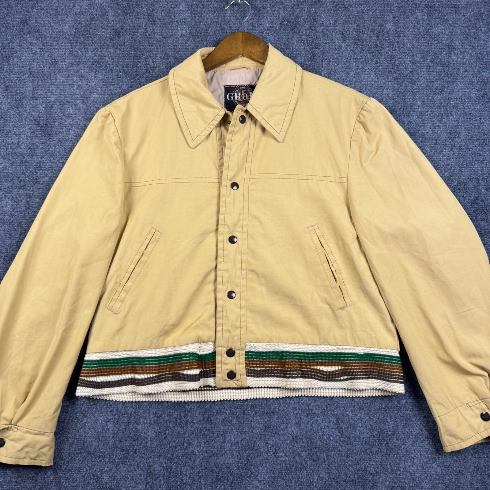Vintage 70s Grais Bomber Jacket Mens 44 Tan Striped Knit Waist Snap USA Made