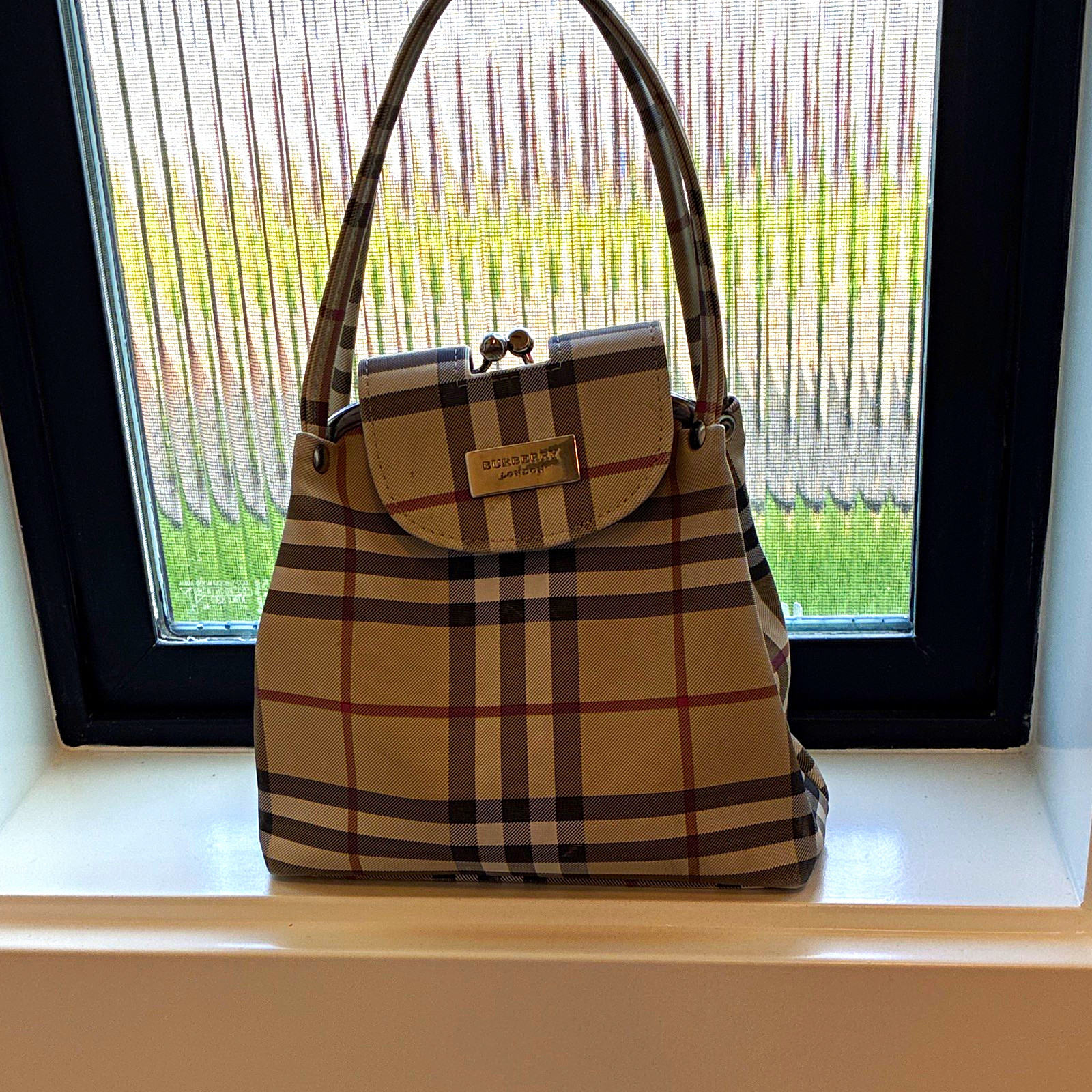 Burberry Nova Check Canvas & Leather Top Handle Bag Beige Kiss Lock Zip