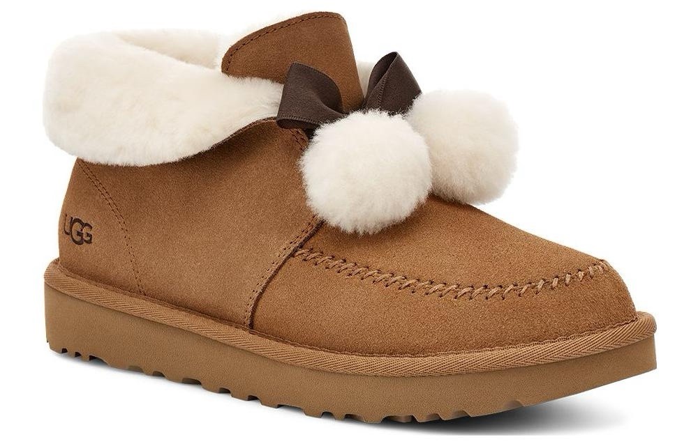 UGG Women’s Suede Lined Ankle Bootie Fur Trim Bow Pom Poms Brown/White