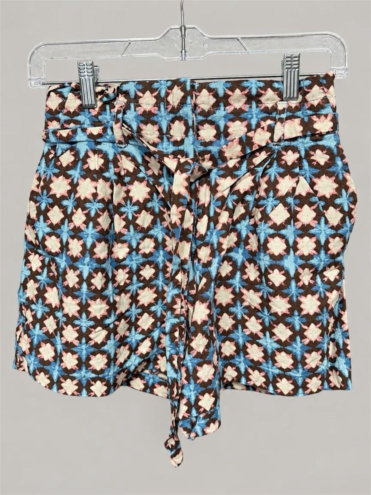 LOFT Brown Geo Floral Tie-Waist Shorts with Blue & Pink Accents