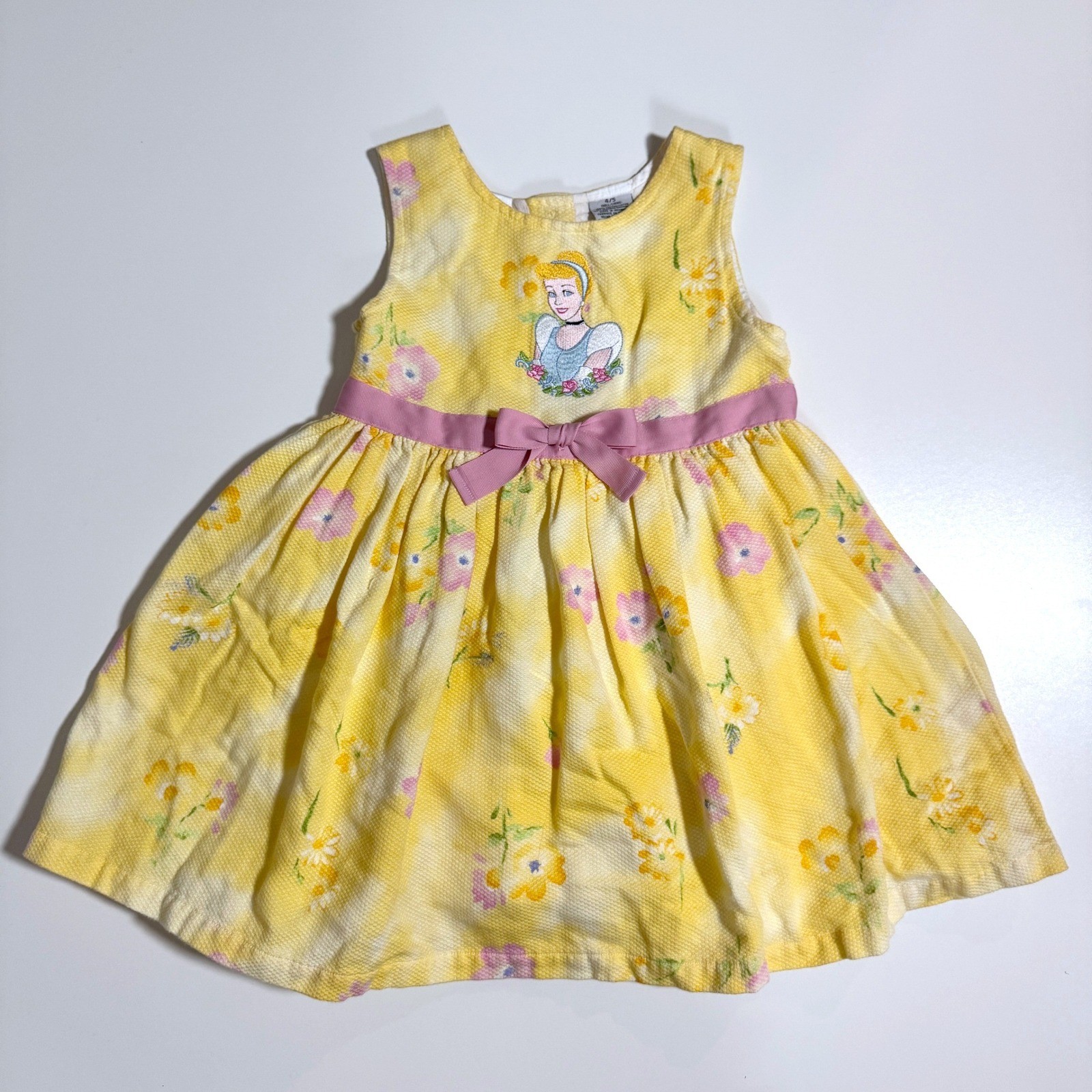 Disney Store 90\'s VTG Dress 4/5 Yellow Cinderella Embroidered Bow Button Back