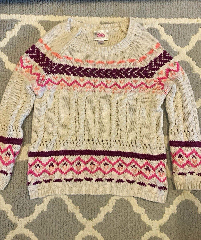 Justice Girls Fair Isle Knit Pullover Sweater Crew Neck Long Sleeve Ivory 5