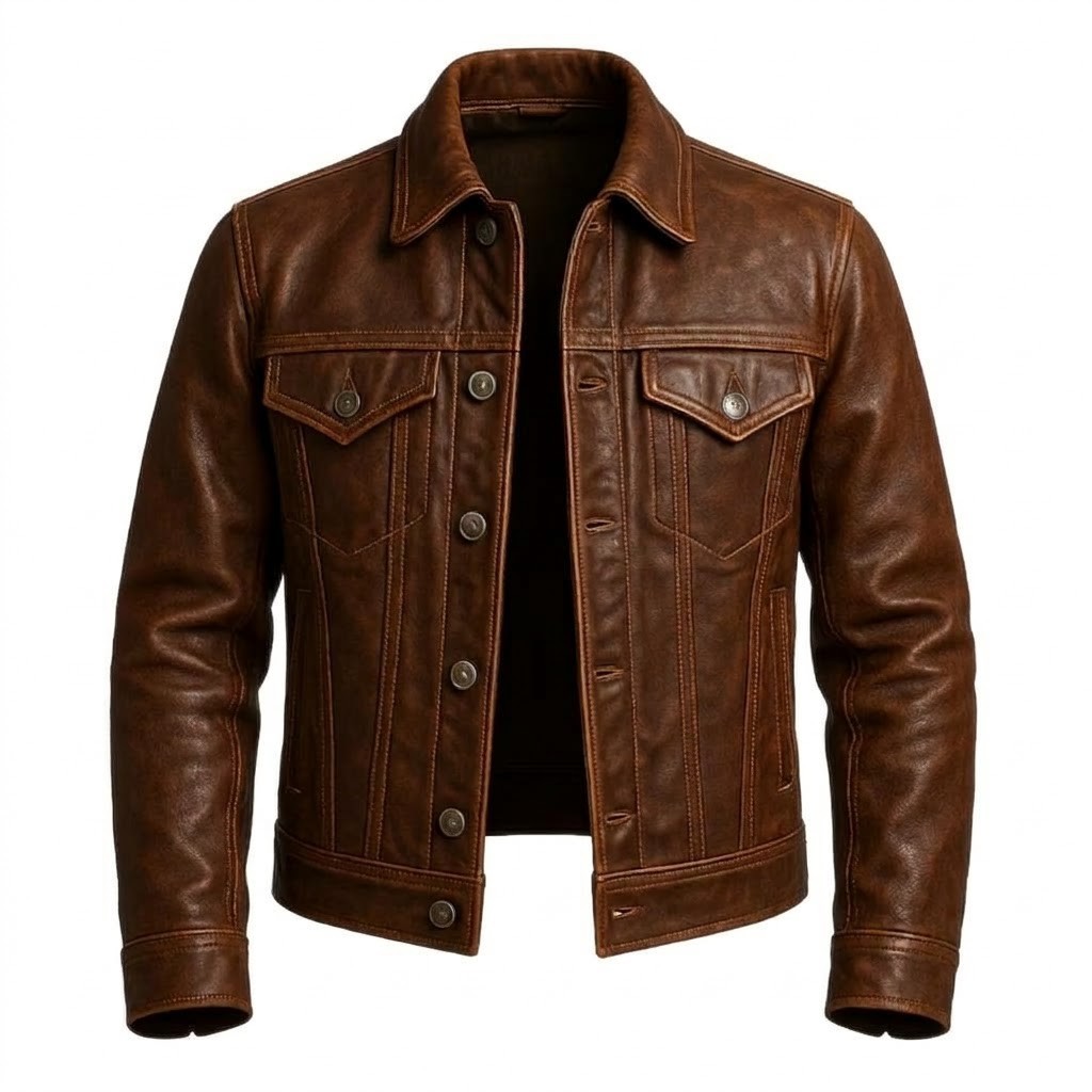 Men\'s Real Sheepskin Leather Trucker Jacket Brown Vintage Biker Western Coat