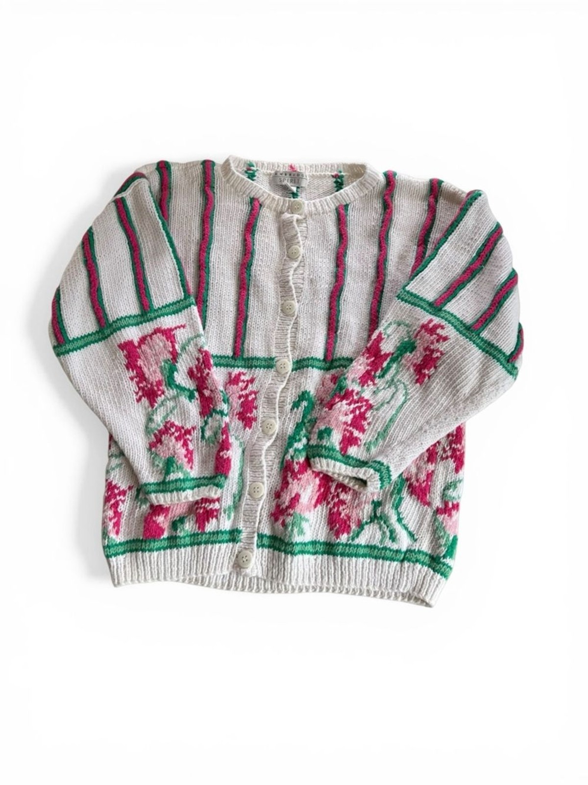 Cambridge Spirits White Floral Stripe Button-Up Cardigan Vintage Women’s L