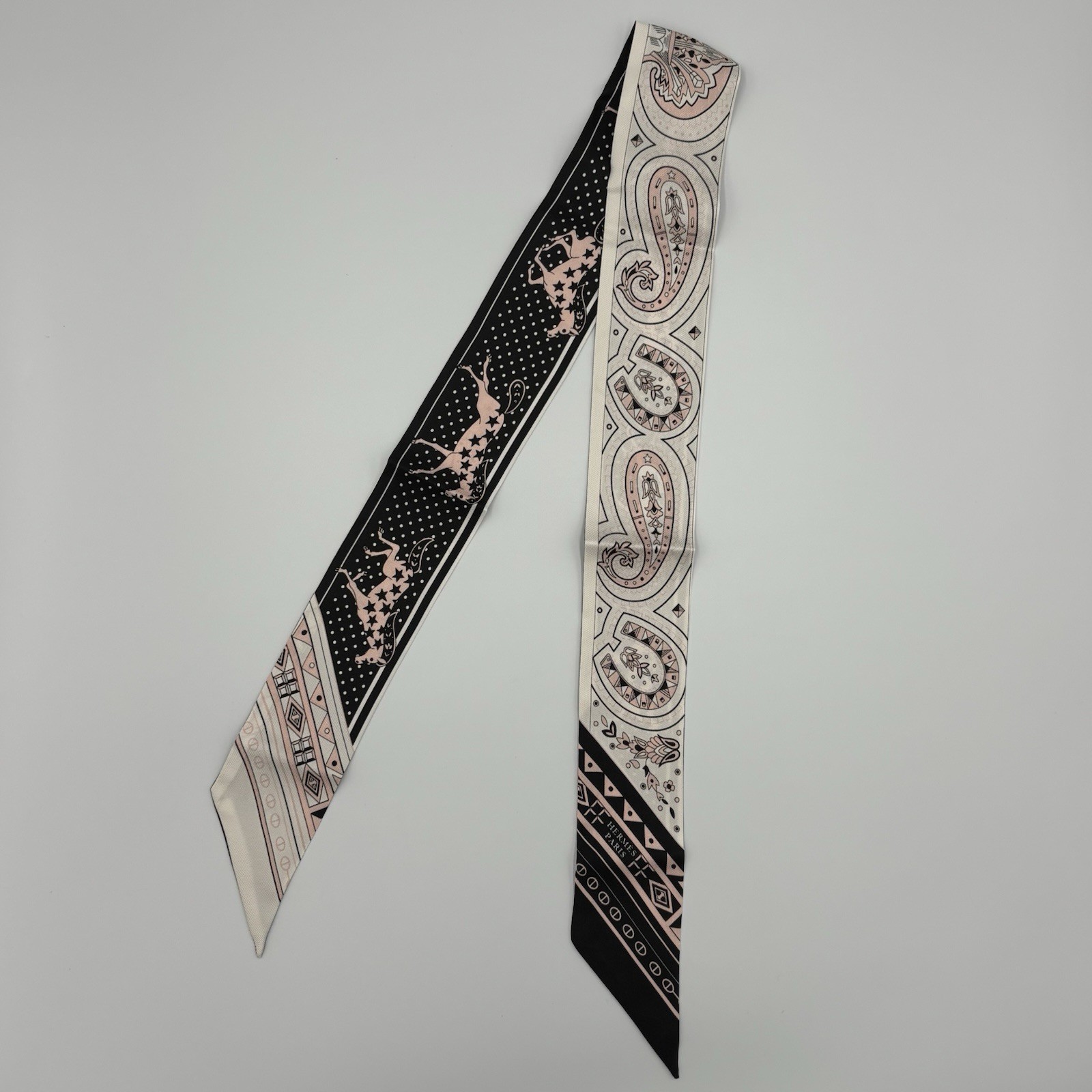 Hermes Cheval de Coeur Bandana Twilly Black Pink Silk Scarf Women Ribbon