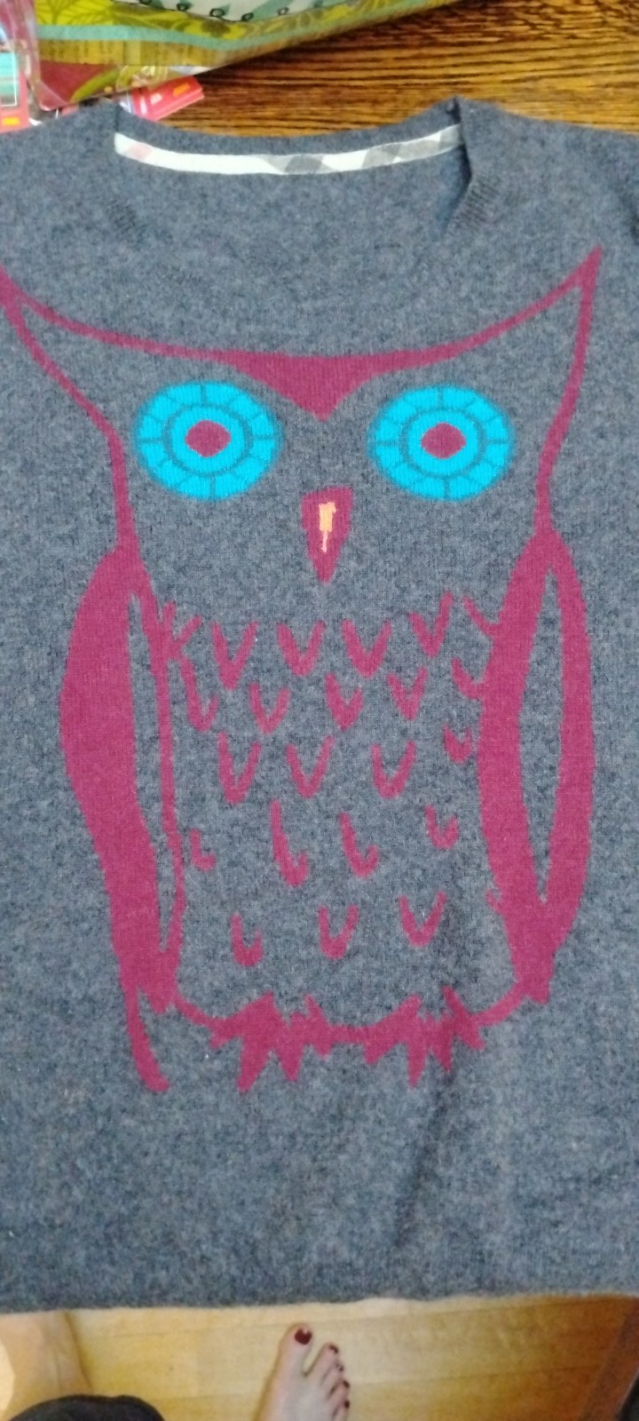 Burberry London 100% Cashmere owl graphic knit sweater grey magenta size L