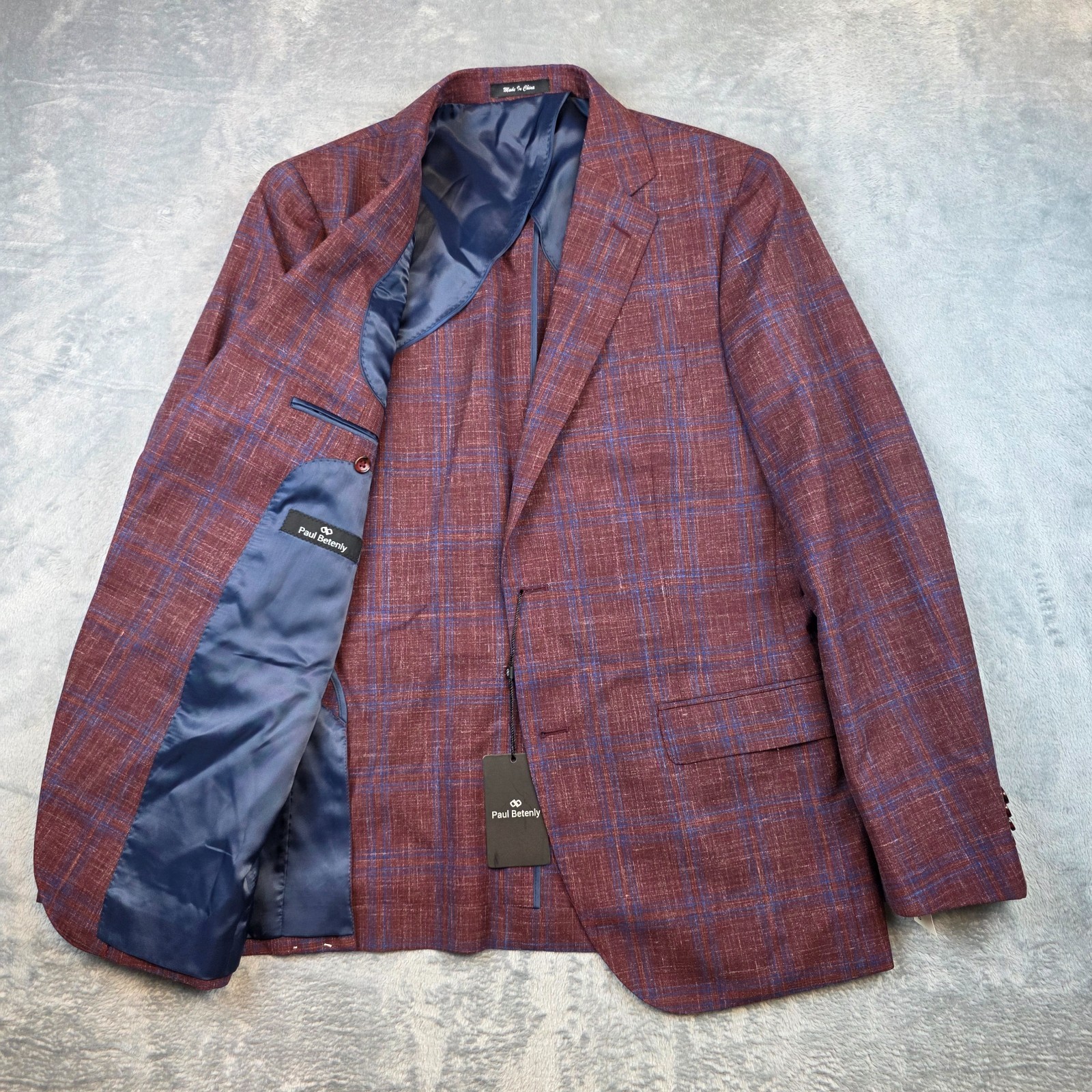$495 New PAUL BETENLY Plaid CHECK Blazer Jacket 40 R Red Blue LINEN Wool KEVIN