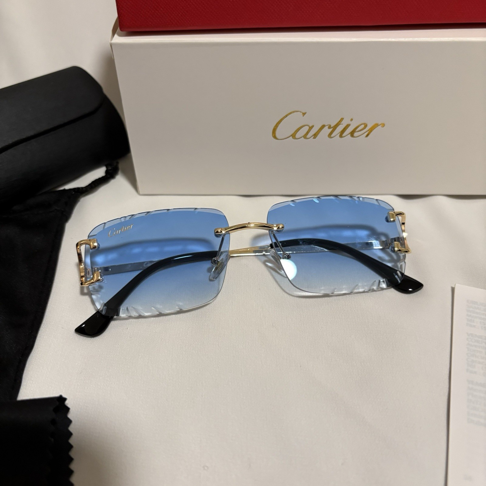 Cartier Big C Diamond Cut Frameless Blue Lens Gold Frame