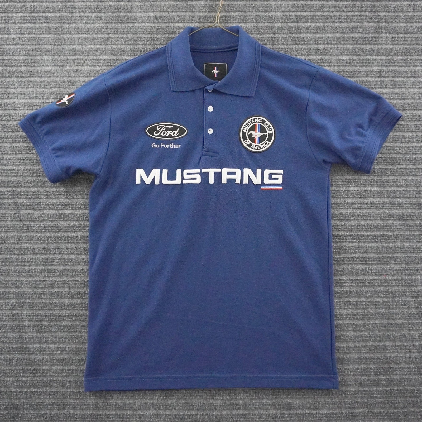 Ford Mustang Club of America Polo Shirt Mens M Blue Embroidered Patch