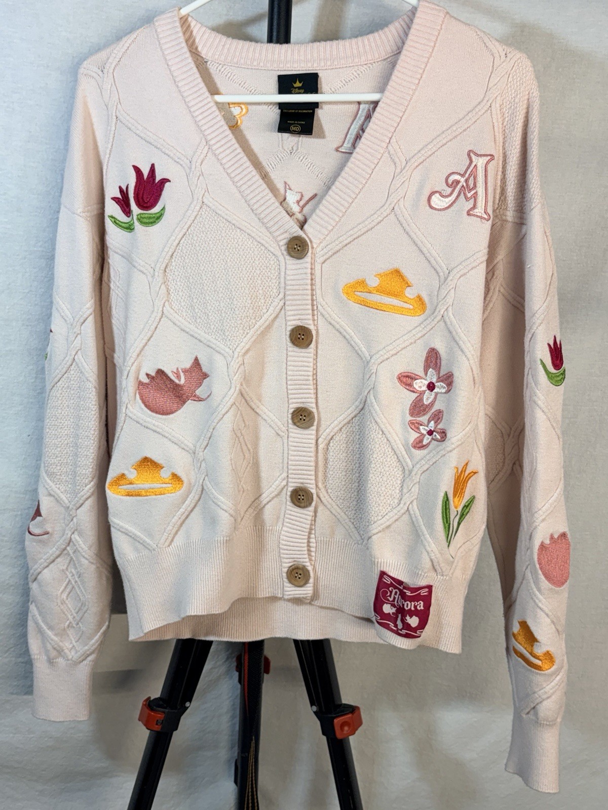 HTF Rare Disney Her Universe Sleeping Beauty Aurora Patch Cable Knit Cardigan