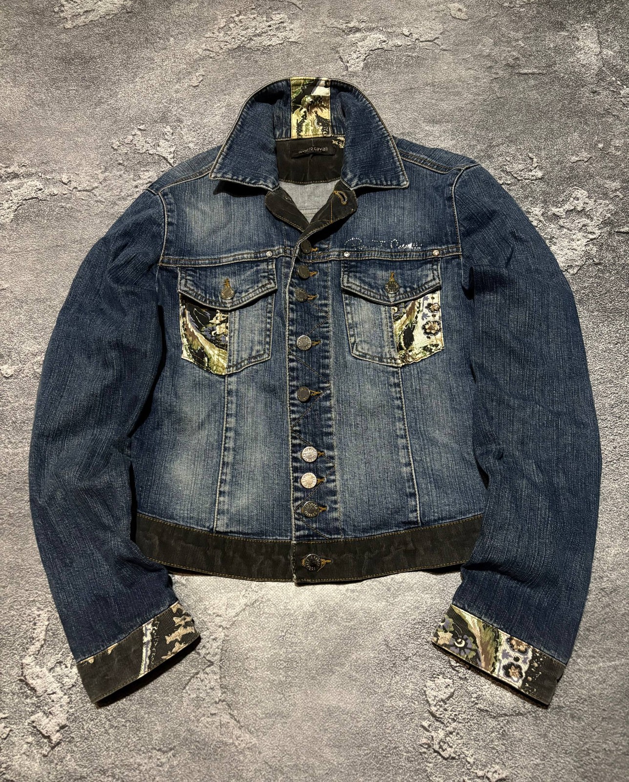 Vtg Roberto Cavalli Y2K Rhinestone Denim Jacket Corduroy Trim Printed Italy Sz M