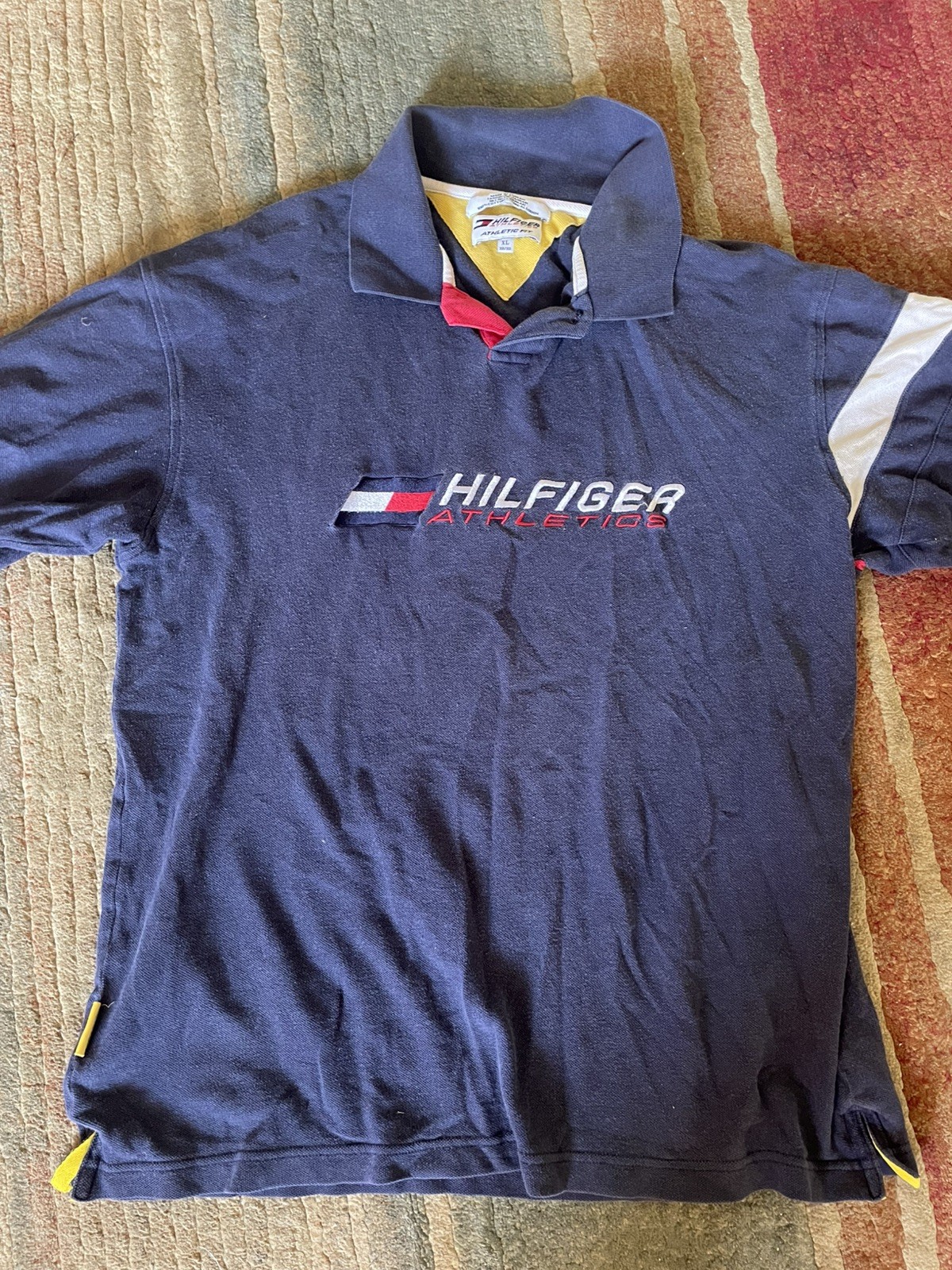 Vintage Tommy Hilfiger Athletics Shirt Mens Medium Blue Flag Rugby Golf Polo 90s