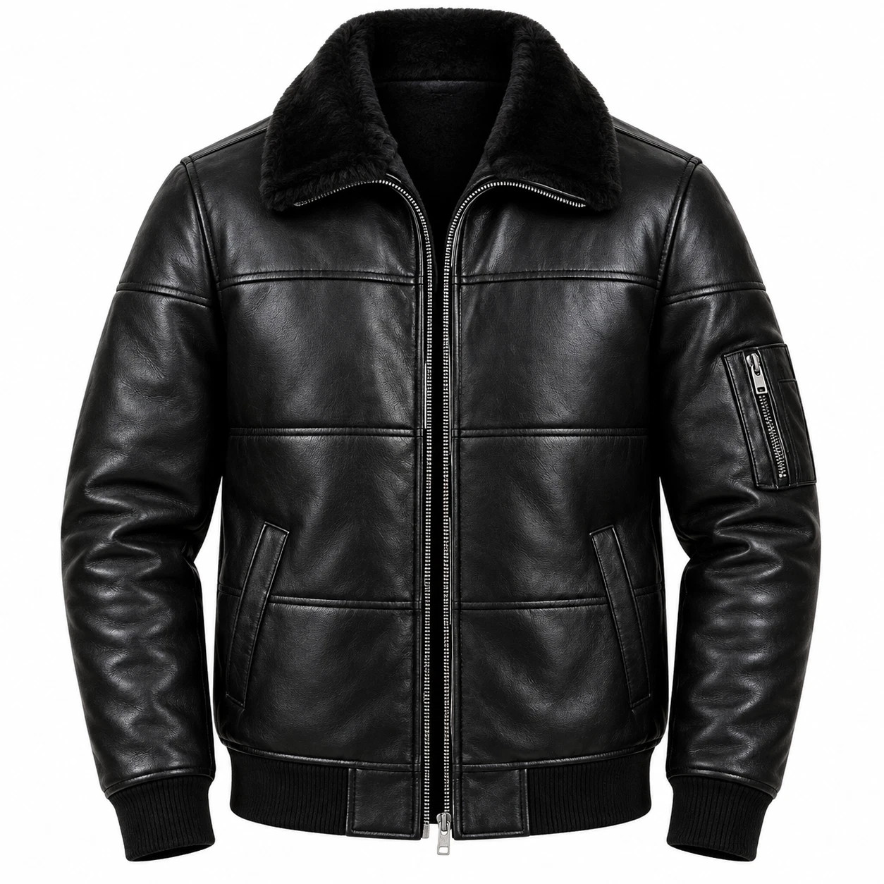 Men’s Genuine Black Leather Bomber Jacket Fur Collar Coat with Zip