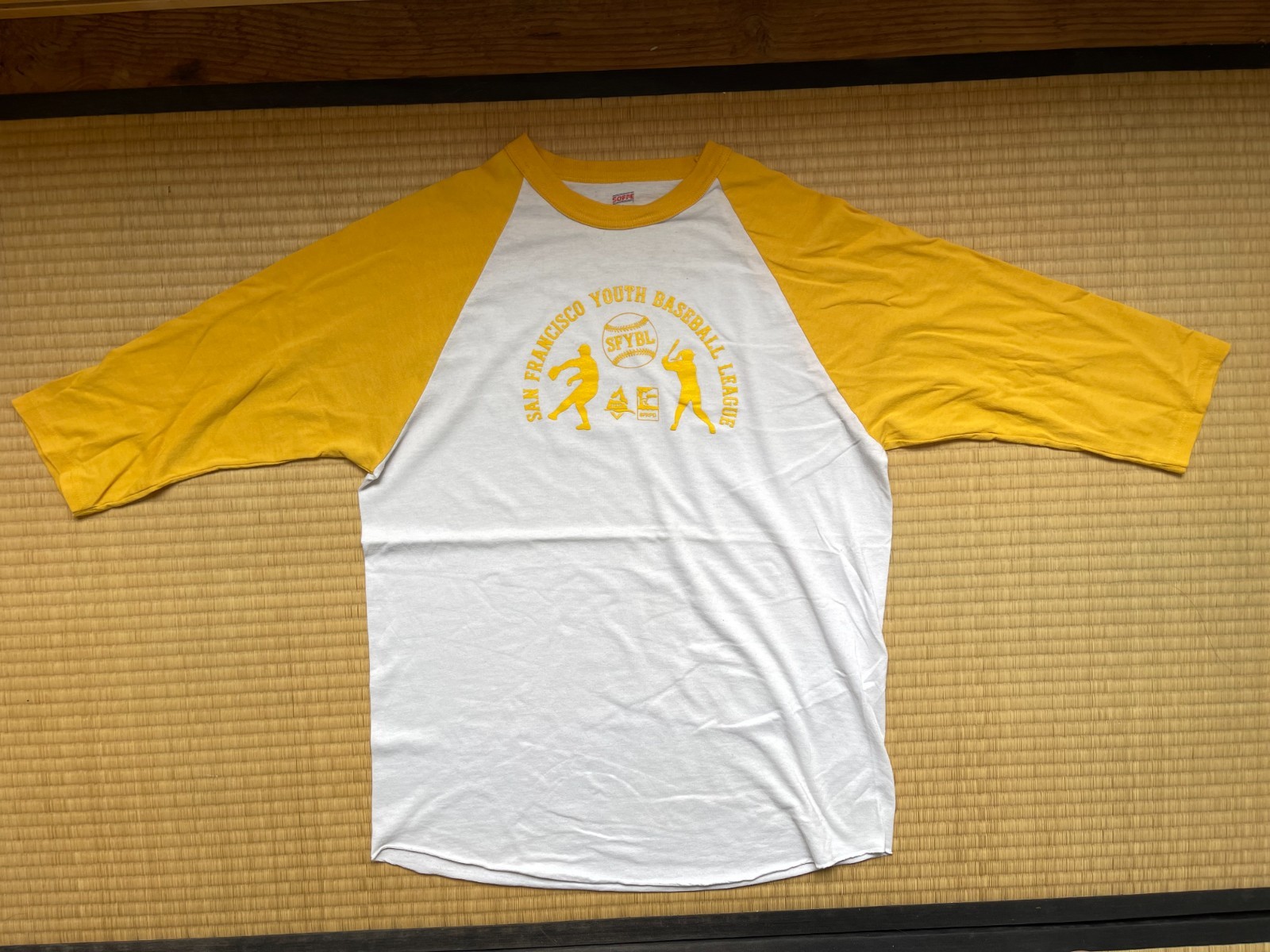 Vintage San Francisco Youth Baseball League Raglan T-Shirt White Yellow USA L