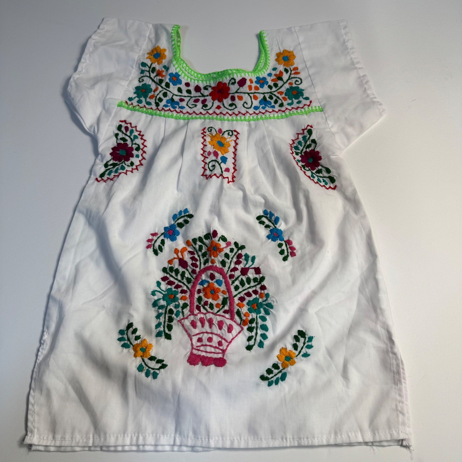 Vintage Mexican Hand Embroidered Floral Peasant Dress White Toddler Size 2
