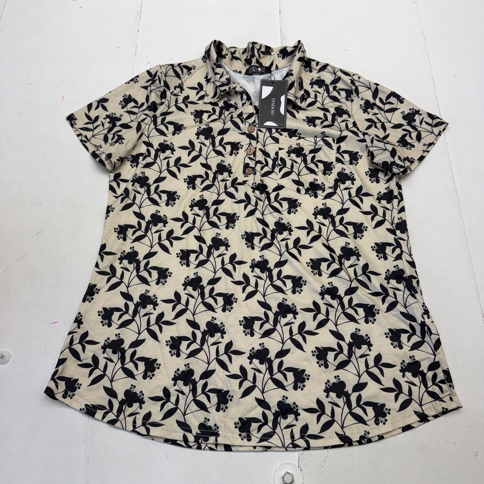 TFSDOD Polo Shirt Womens L Beige Collared Short Sleeve Floral Jersey Stretch Top