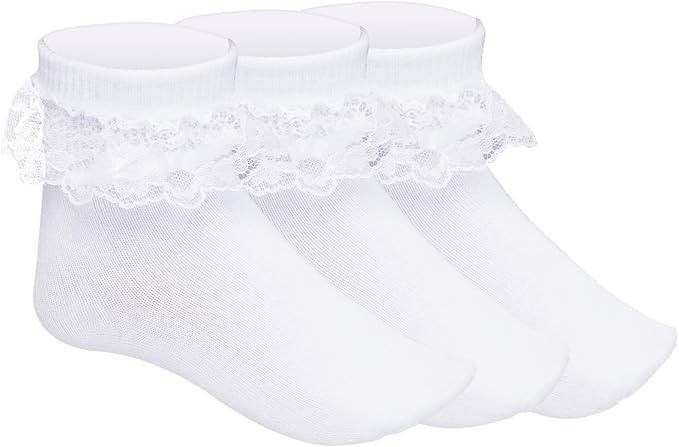 3 Pairs Girls Ruffle Socks White Lace Frilly Ankle Socks Cute Soft Cotton Look