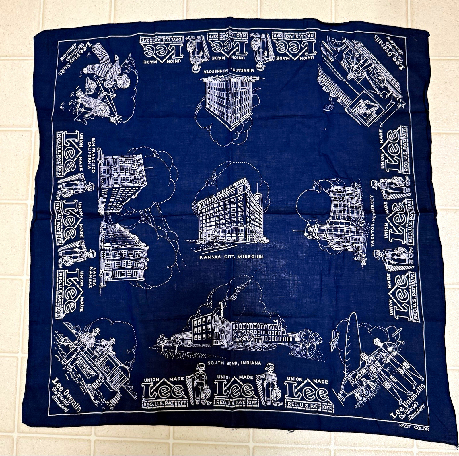 True Vintage 1940s Lee Blue & White Advertising Bandana Handkerchief Union Made