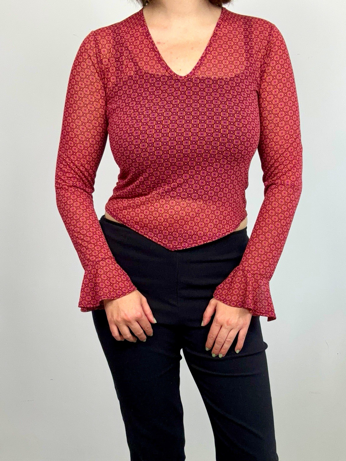 Y2K red & orange geometric mesh sheer V-neck bell sleeve ruffle top, Size S