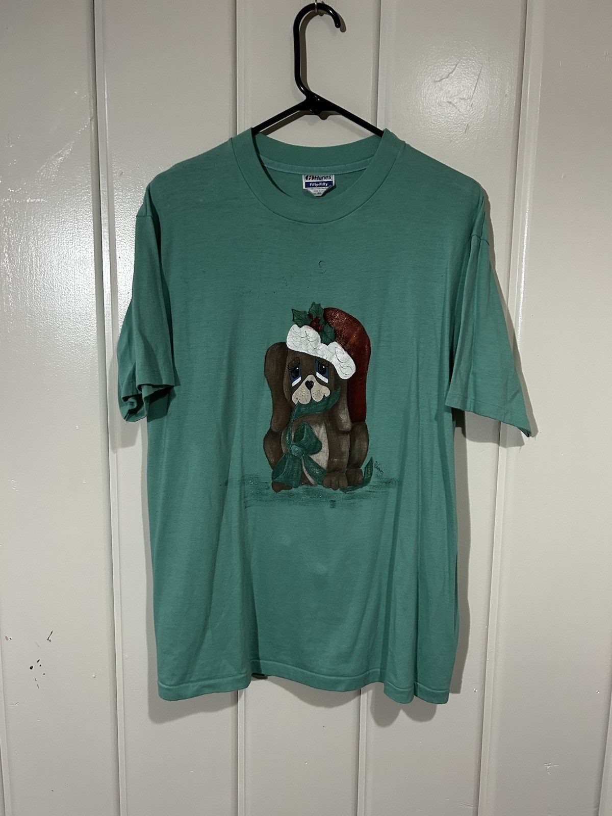 Vintage Christmas Dog T Shirt XL Hanes 50/50 Santa Hat Hound Holiday Graphic