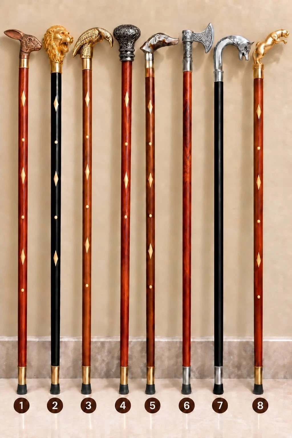 Lot of 8 Pcs Antique Brass Walking Stick Different Handle Wooden Cane Victorian