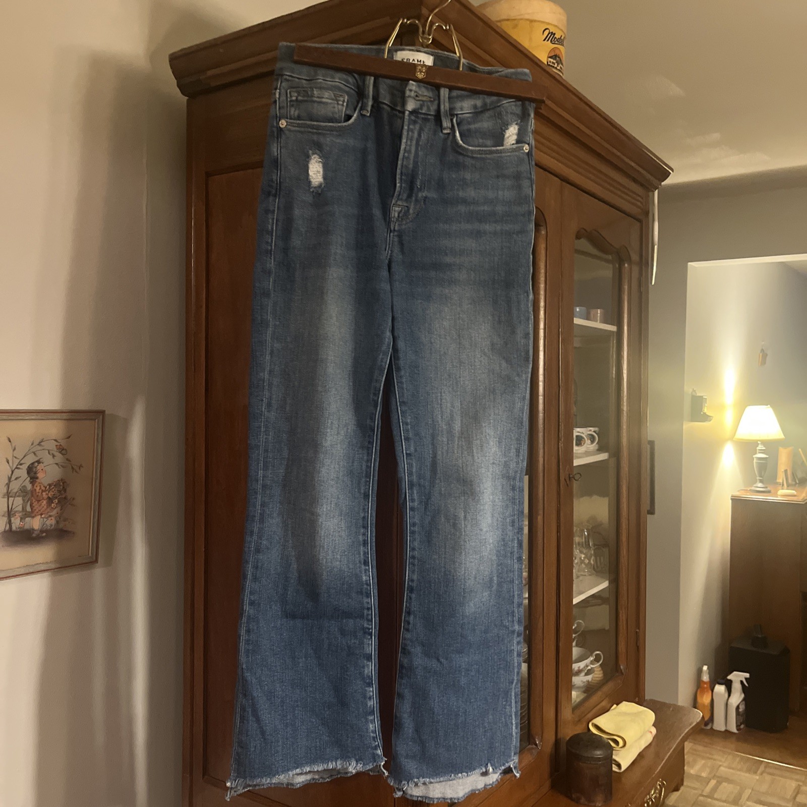Frame Le Crop Mini Boot Jeans 25 in Drizzle Rips Chew Blue Ankle Stretch Raw Hem