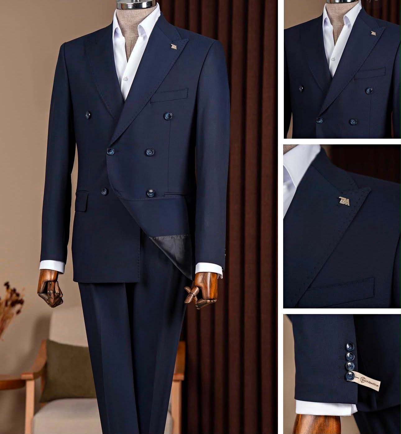 Men\'s Blue Solid 2-Piece Suit Double-Breasted Peak Lapel Six-Button 40