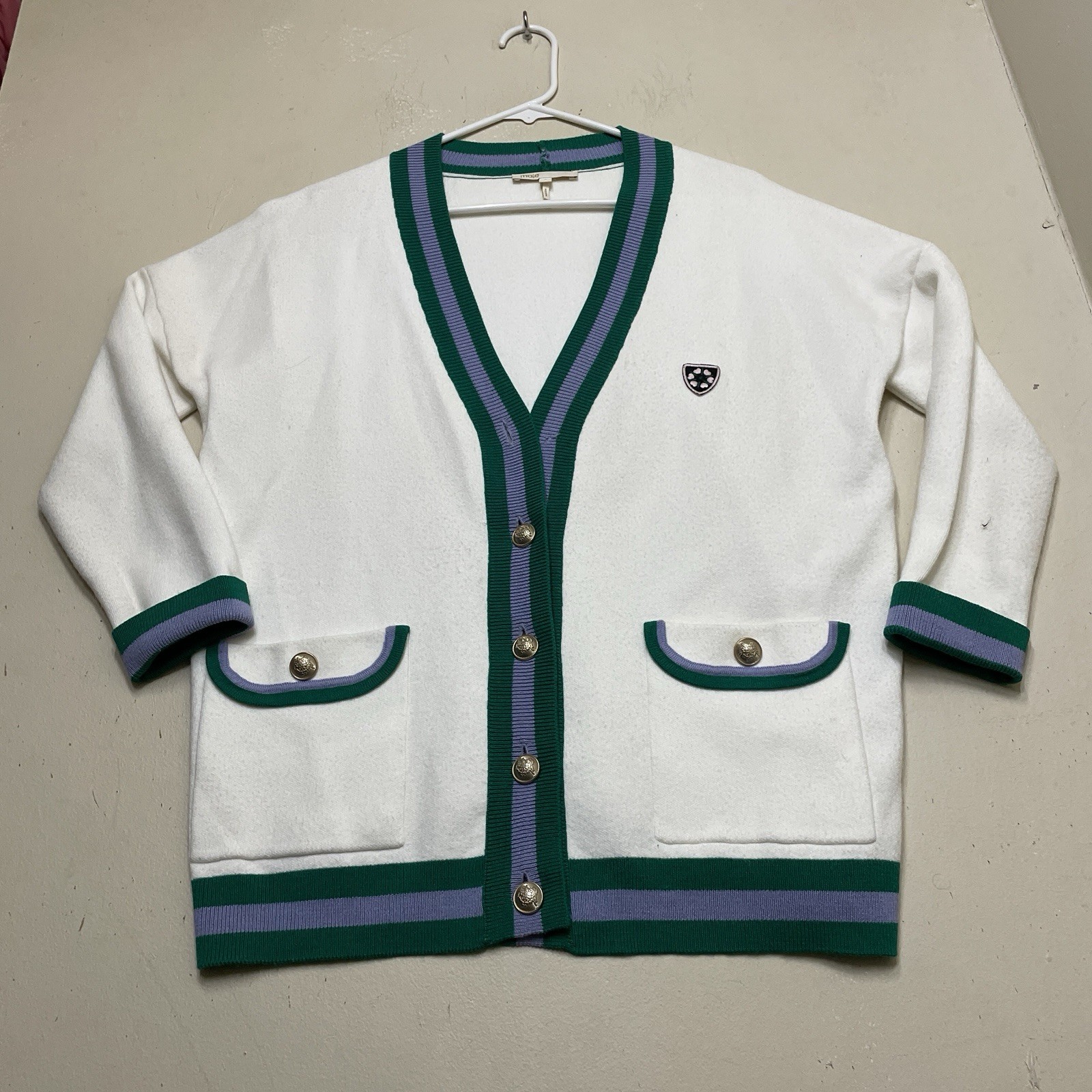 Maje Cardigan Size 1 Small Preppy cream green stripe gold buttons