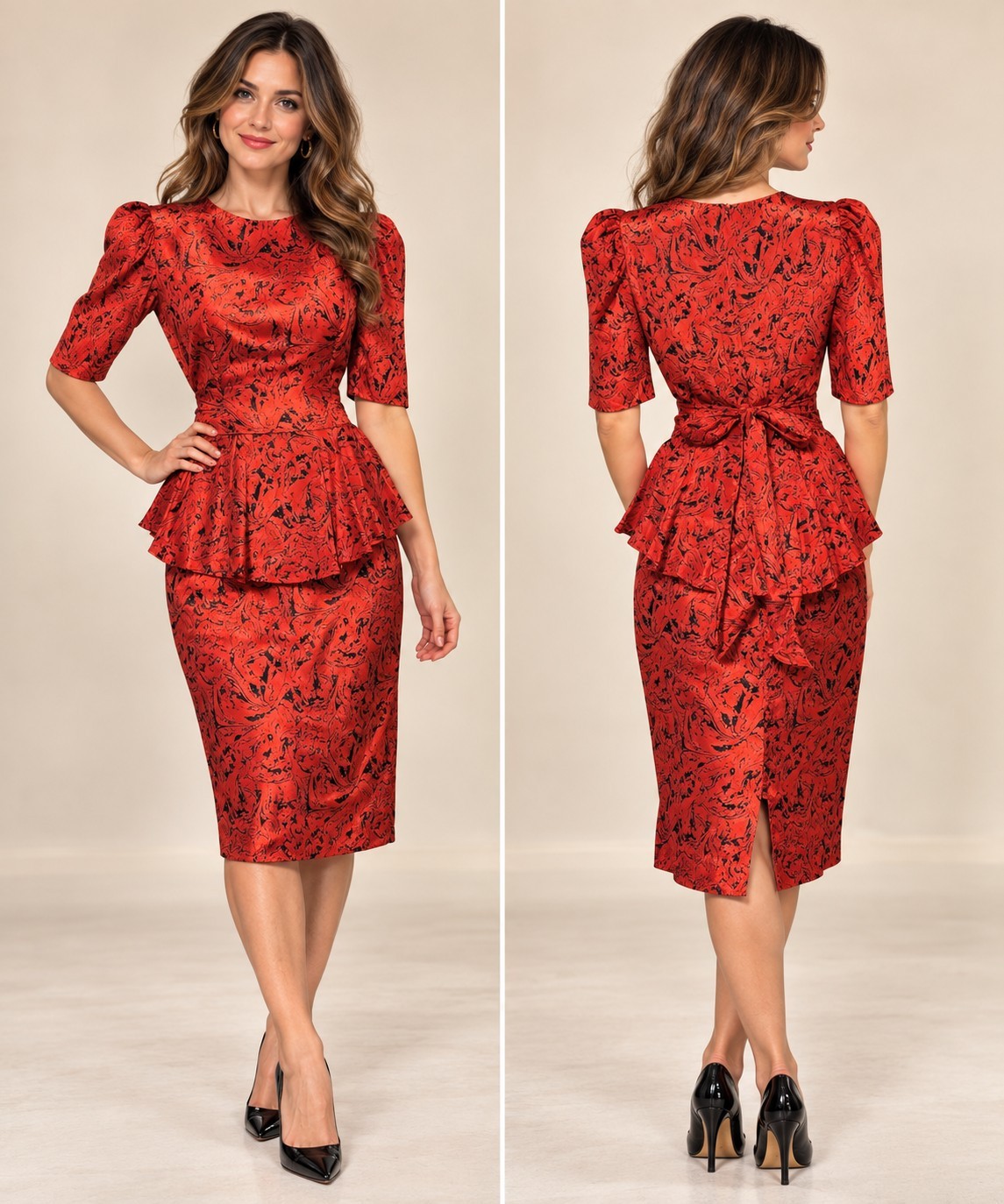 Vintage B.D. Ltd Red Black Peplum Tea Dress Fits Size Medium 80s