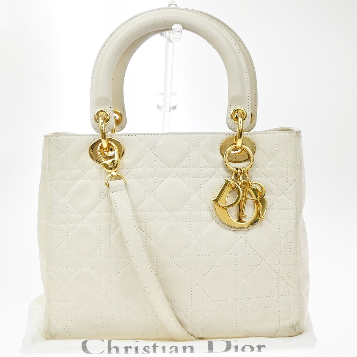 CHRISTIAN DIOR Lady Cannage 2Way Shoulder Hand Tote Bag Leather White 47EG470