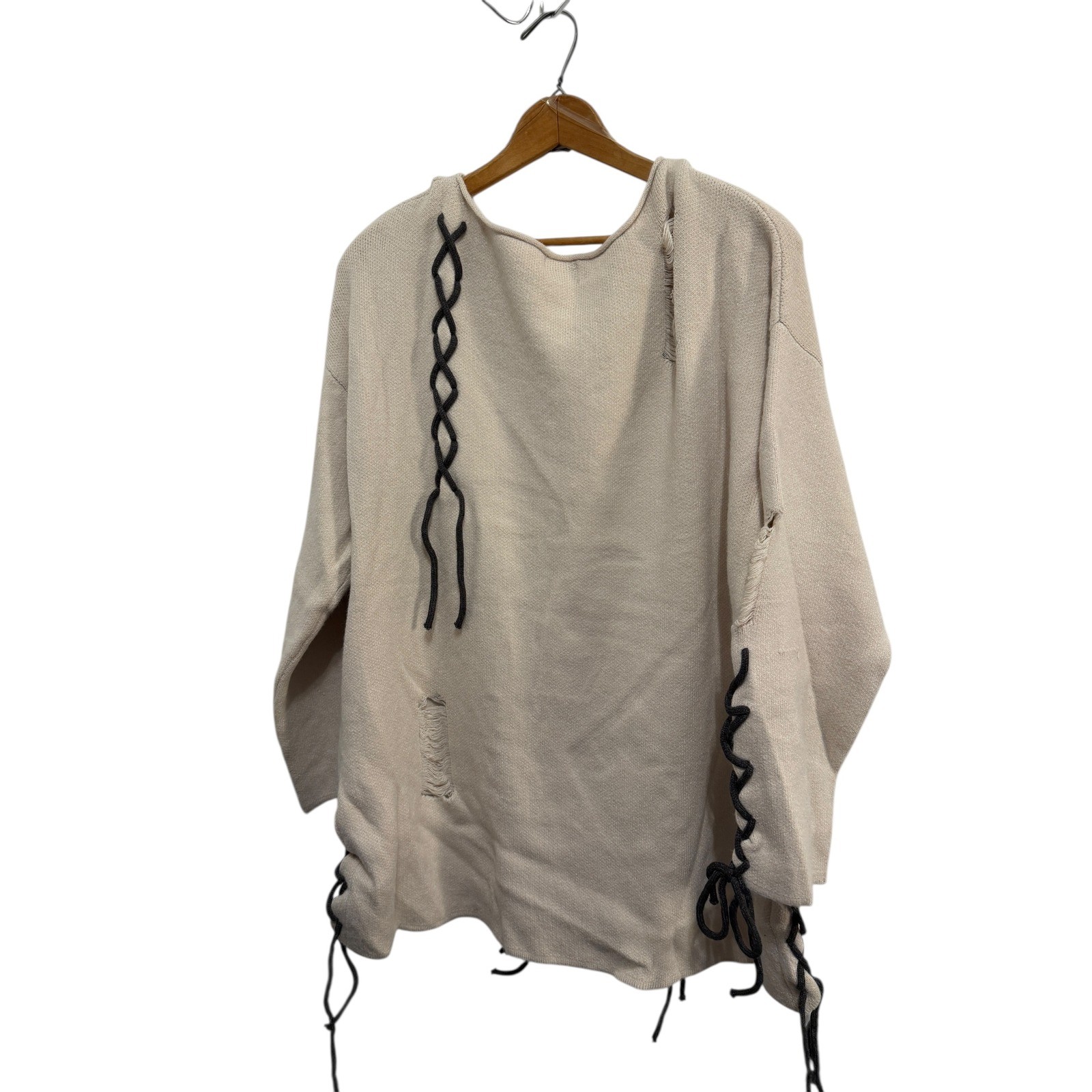 POL Distressed Lace Up Knit Sweater Women Beige Casual Streetwear Oversized