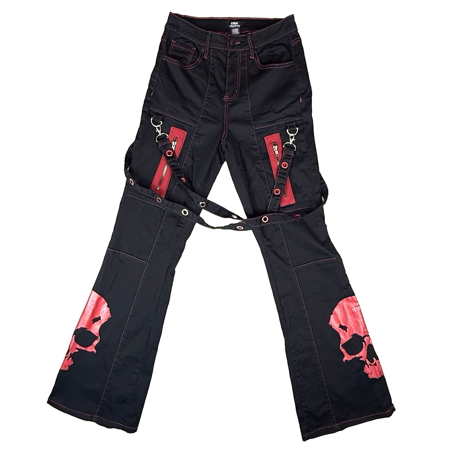 Hot Topic Social Collision Black & Red Skull Suspender Flare Pants size 9 Goth