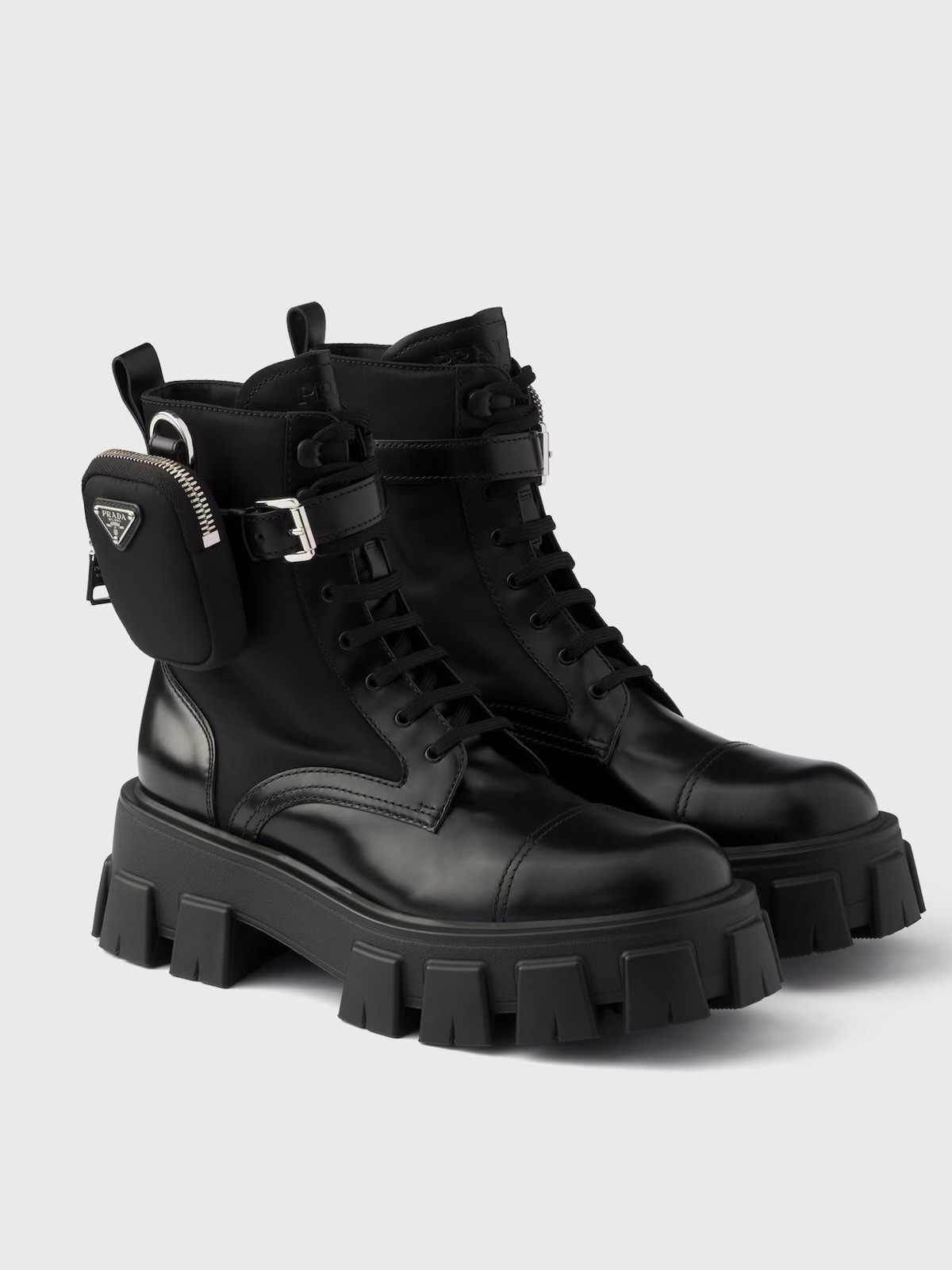 Prada Monolith Leather & Re-Nylon Combat Boots with Pouch