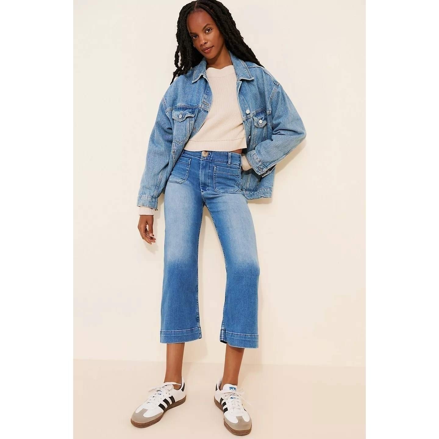Anthropologie Maeve Jeans 31 Colette Cropped Wide Leg Blue Medium Wash