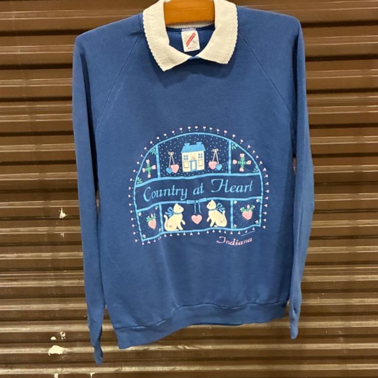 Vintage 80s 90s Jerzees Country at Heart Indiana Collared Sweatshirt Cats Hearts